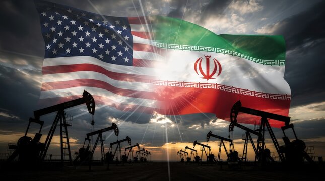 Silhouettes of oil pumpjacks at sunset with the American and Iranian flags blending in the sky, symbolizing the complex oil relationship between the two countries.