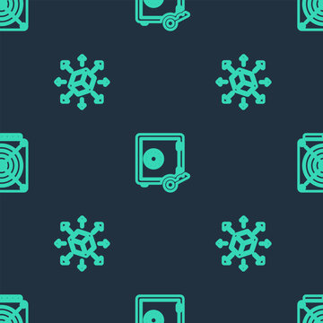 Set line Proof of stake, Distribution and ASIC Miner on seamless pattern. Vector