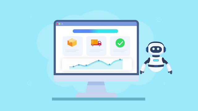Friendly robot assistant interacting with automated dashboard featuring payment processing, transaction flow, analytics charts, and progress indicators in smooth animation, representing financial oper