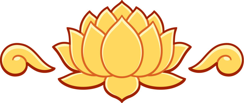 Golden lotus flower decoration element, header or divider. Chinese or Thai ornament style drawing. Vector clipart illustration.