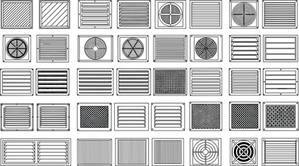 Air Vent and Grille Icon Set Featuring Various Patterns and Designs for HVAC and Interior Architecture Projects © NURUL