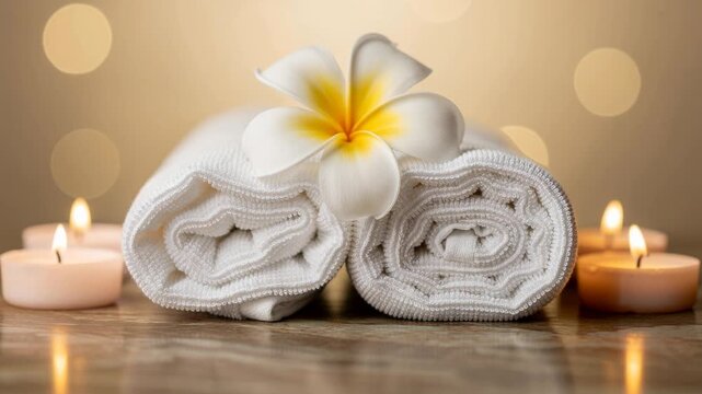 Soft white towels rolled neatly with frangipani flower surrounded by spa essentials for relaxation and wellness