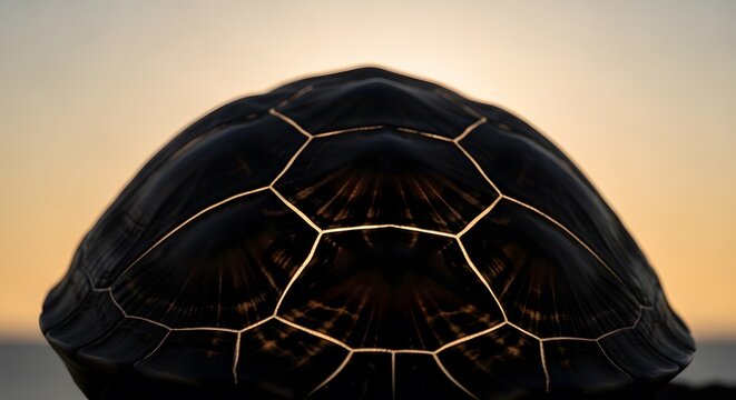 Dark back-lit turtle shell close-up, scutes defined by golden lines
