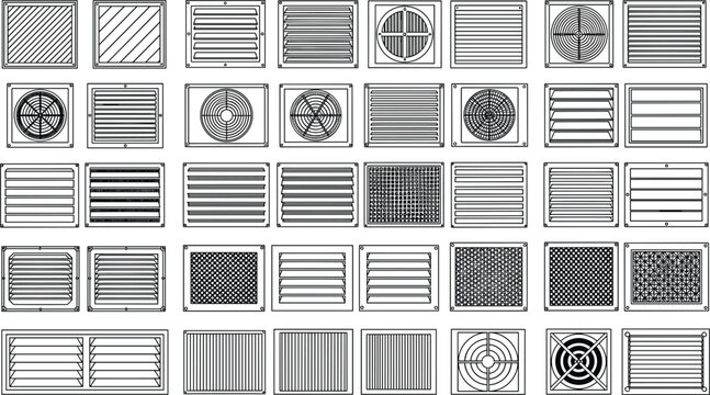 Air Vent and Grille Icon Set Featuring Various Patterns and Designs for HVAC and Interior Architecture Projects