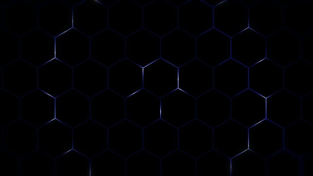 Dark Futuristic Hexagon Grid With Subtle Circular Blue Neon and Glowing Wavy Light Pulses. Hexagonal Geometric Pattern . Technology Background, Cyberpunk and Modern Tech 