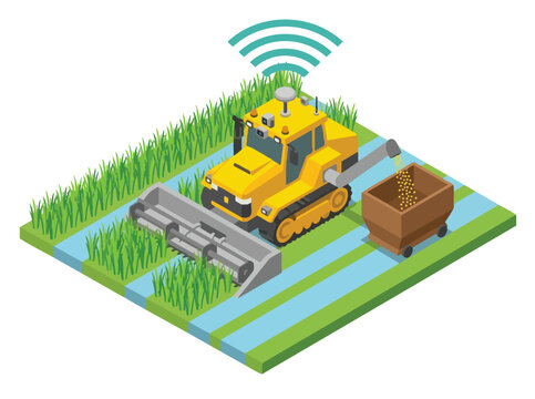 An isometric smart agriculture illustration depicting a futuristic combine harvester with an automated trailer in a field
