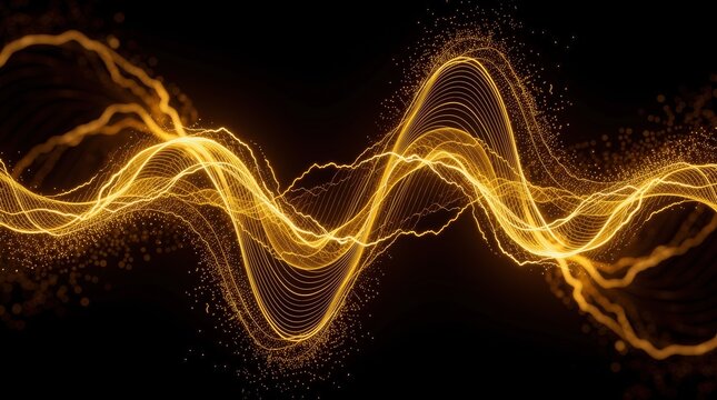 Glowing golden waveforms dynamically flow against a black background, creating an abstract digital light pattern with a sense of energy and motion.