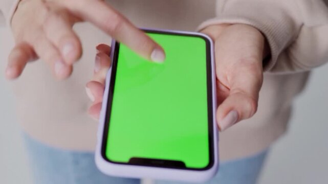 Finger Tapping Green Screen Smartphone, Touchscreen Interaction Mobile Mockup