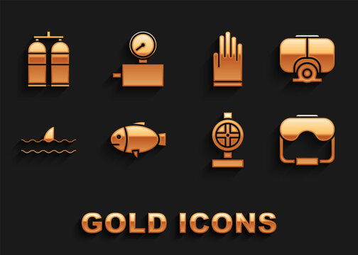 Set Fish, Diving mask, Industry metallic pipes and valve, Shark fin ocean wave, Gloves, Aqualung and Gauge scale icon. Vector