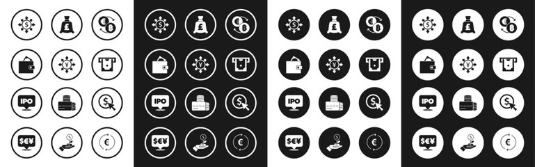 Fototapeta premium Set Cryptocurrency exchange, Coin money with Yen, Wallet, Dollar, share, network, ATM and, pound, dollar and IPO icon. Vector