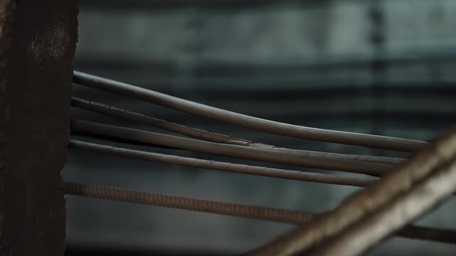 Close-up of industrial cables and rebar crossing in a dim construction interior, showing textured metal surfaces and bundled conduits with shallow depth of field and low lighting.