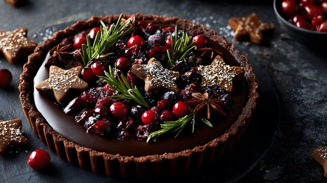 A gingerbread chocolate tart, garnished with fragrant sprigs of rosemary, vibrant cranberries, and intricately shaped gingerbread stars 
