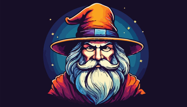 Intense Wizard Portrait with Pointed Hat and Flowing Beard.