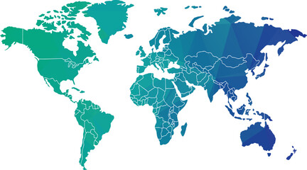 Obraz premium Geometric World Map Vector, Global Continents, Teal Blue Green Gradient vector illustration