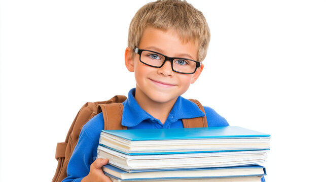 A cheerful boy proudly carries a stack of school books.