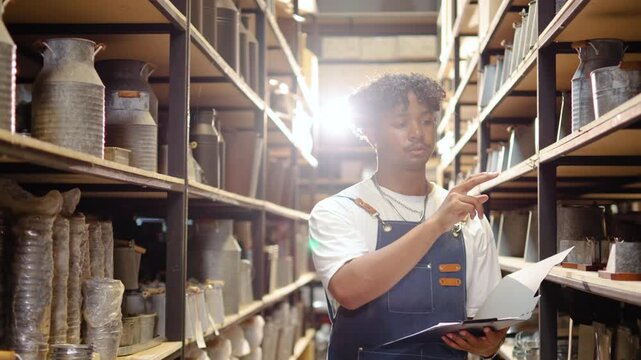 Young Black warehouse worker in denim apron using clipboard to check stock of rustic metal home decor on shelves. Efficient small business inventory management and logistics in a light store.