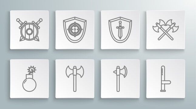 Set line Bomb ready to explode, Target sport, Medieval axe, Police rubber baton, shield with sword, Crossed medieval axes and Wooden crossed swords icon. Vector