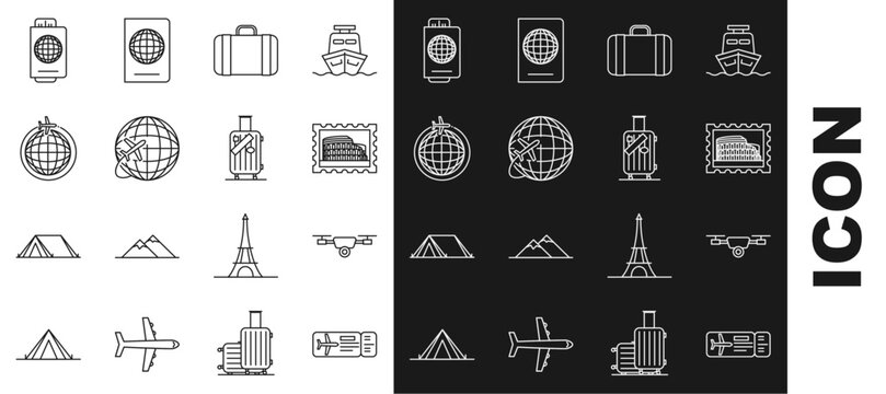 Set line Airline ticket, Drone flying with action video camera, Postal stamp and Coliseum, Suitcase for travel, Globe plane, Passport and stickers icon. Vector