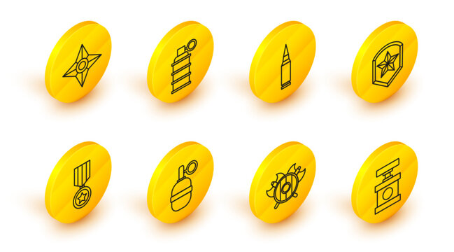 Set line Handle detonator for dynamite, Medieval shield with crossed axes, grenade, Military reward medal, Police badge, Bullet, and Japanese ninja shuriken icon. Vector