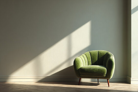 Green velvet armchair in modern minimalist room with sunlight casting geometric shadows on neutral wall, creating calm and cozy atmosphere with wooden floor texture