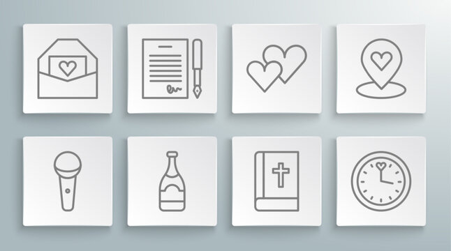 Set line Microphone, Marriage contract, Champagne bottle, Holy bible book, Clock, Heart, Location with heart and Envelope Valentine icon. Vector