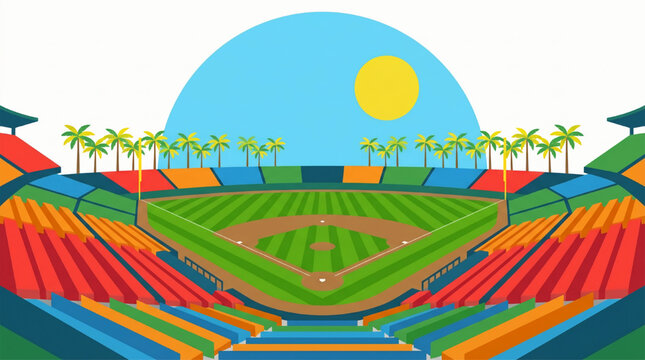 Flat illustration of a sunny baseball stadium with palm trees