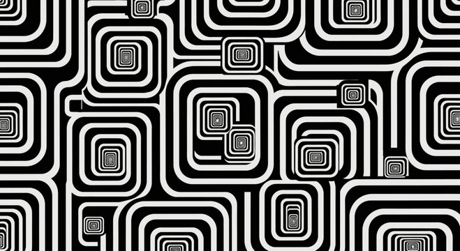 Black and white op art pattern with nested squares and curved lines