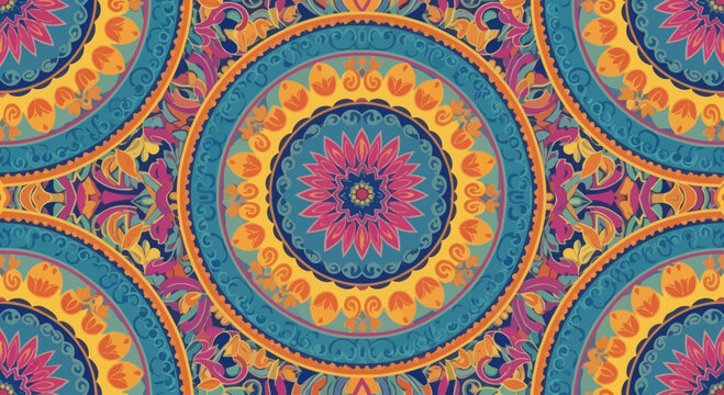 Vibrant circular mandala pattern with floral and paisley motifs in warm colors
