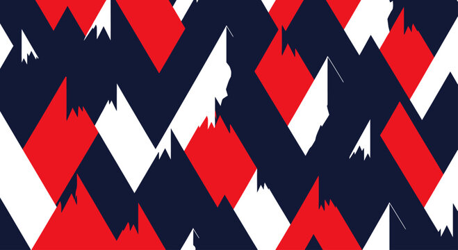Geometric mountain peaks in a repeating pattern of red, white, and navy