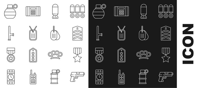 Set line Pistol or gun, Military reward medal, Chevron, Aviation bomb, dog tag, Police rubber baton, Hand grenade and icon. Vector