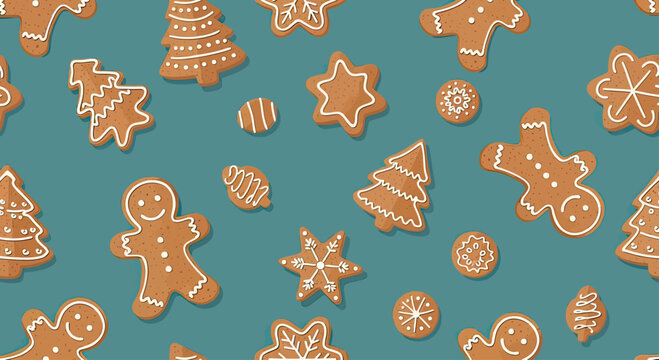 Holiday-themed gingerbread cookies arranged in a repeating pattern
