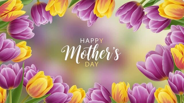 Happy mother's day tulip border greeting with purple and yellow tulips framing a soft blurred spring background