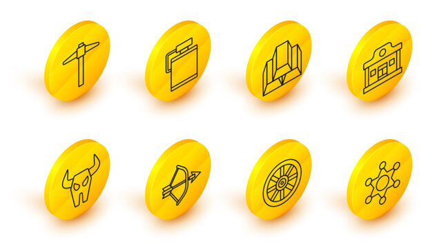 Set line Hexagram sheriff, Old wooden wheel, Bow and arrow in quiver, Buffalo skull, Wild west saloon, Gold bars, Canteen water bottle and Pickaxe icon. Vector