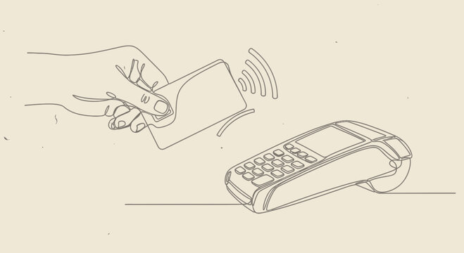 Hand holding card near payment terminal.