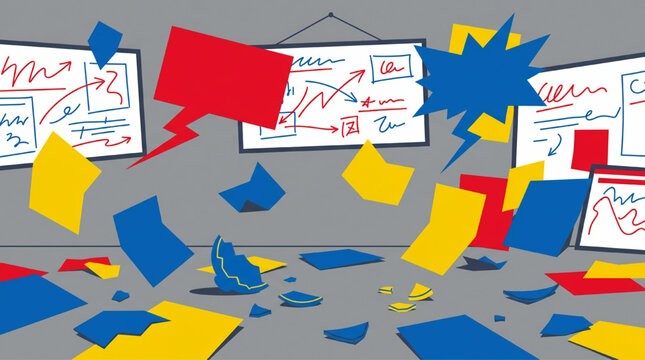 Exploding Business Meeting Chaos with Flying Papers and Charts.