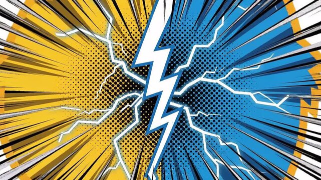Lightning Clash: A vibrant, dynamic illustration depicting a powerful clash between two opposing forces, visualized as bolts of lightning striking across a split background of yellow and blue.