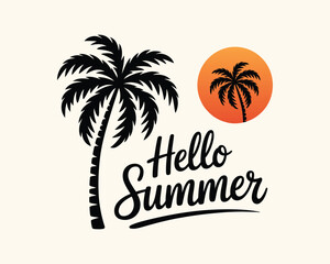 Obraz premium Hello summer greeting with palm tree and sun, an inviting graphic for seasonal and travel designs.