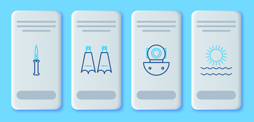 Set line Rubber flippers for swimming, Aqualung, Army knife and Sun and waves icon. Vector © Oksana