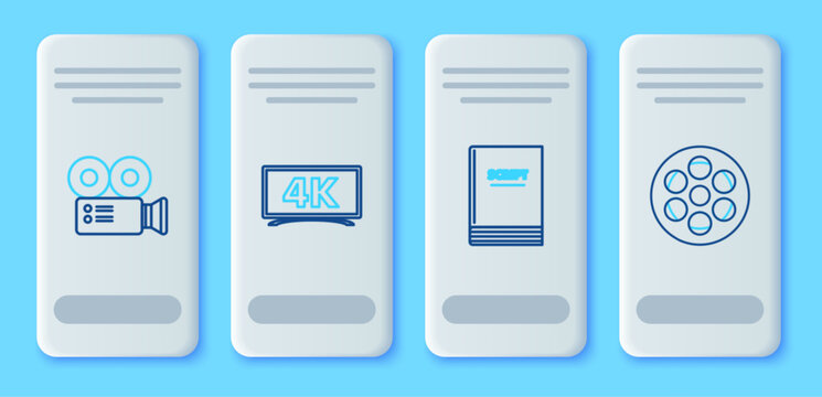 Set line , Scenario, Cinema camera and Film reel icon. Vector