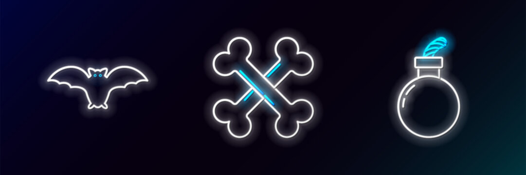 Set line Bomb ready to explode, Flying bat and Crossed bones icon. Glowing neon. Vector