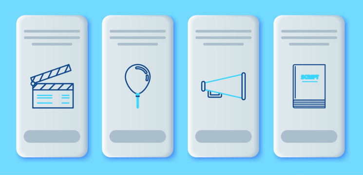 Set line Balloon with ribbon, Megaphone, Movie clapper and Scenario icon. Vector