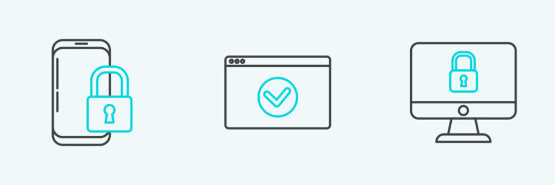 Set line Lock on computer monitor screen, Smartphone with closed padlock and Secure your site HTTPS, SSL icon. Vector