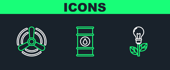 Set line Light bulb with leaf, Wind turbine and Oil barrel line icon. Vector © Oksana