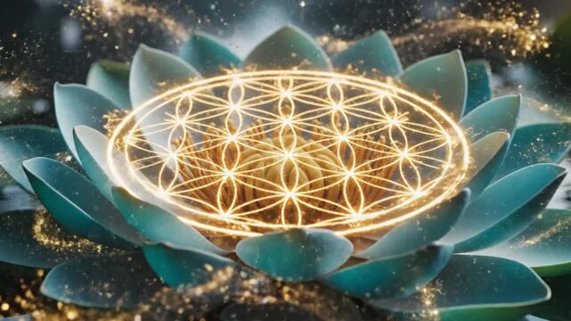 Sacred Geometry Flower of Life Symbol on Glowing Lotus Flower, Spiritual Symbolism