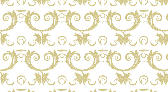 A repeating pattern of golden acanthus leaf scrollwork and small circular motifs on white