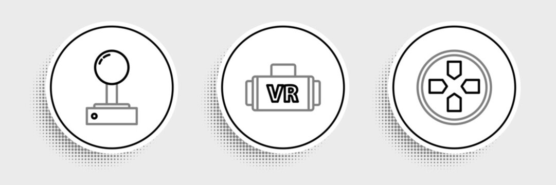 Set line Gamepad, Joystick for arcade machine and Virtual reality glasses icon. Vector