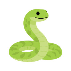 Naklejka premium Cartoon green snake with spots is coiled up and looking toward the viewer with a smile