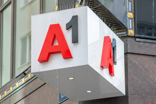 Close-up of an A1 sign on the fa ade of a building in a city with a modern design, Vienna, Austria, 18 April 2026