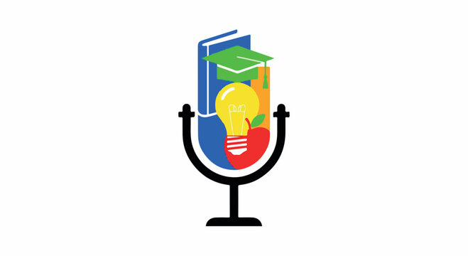 Educational podcast featuring books, light bulb, and apple symbolizing learning and knowledge sharing