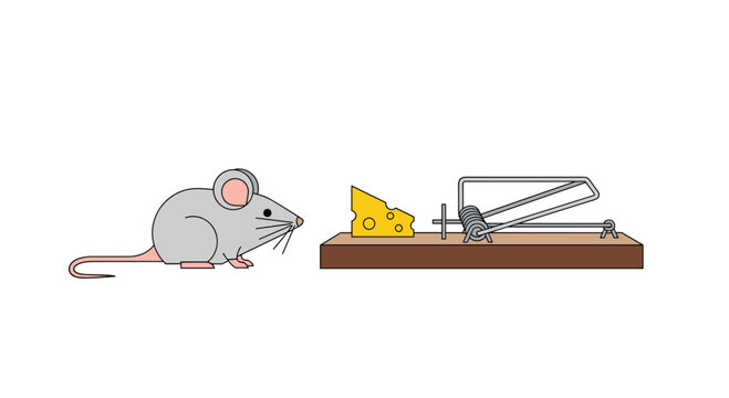 A small grey cartoon mouse stands cautiously on a white background while observing a wooden spring trap baited with a yellow wedge of cheese.